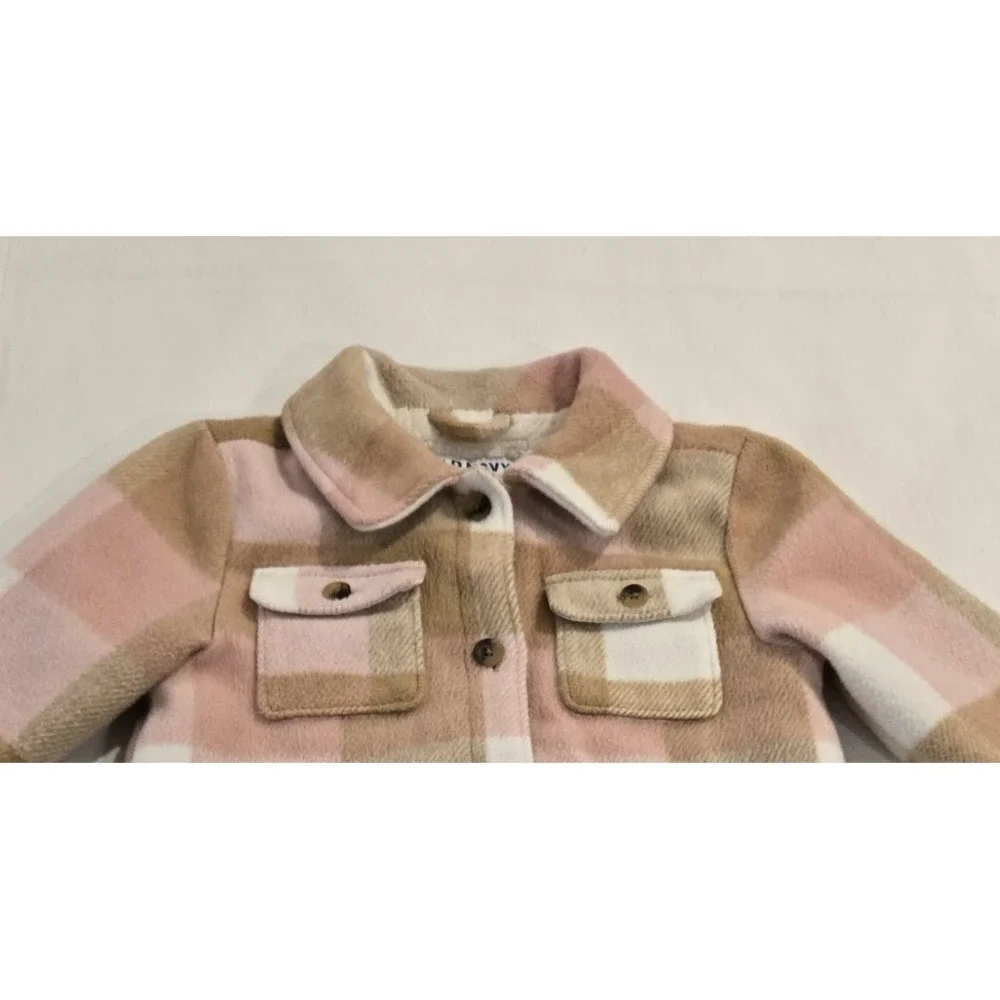 Old Navy Soft Sherpa-Lined Plaid Pink Tan White Jacket for Toddler Girls Size 3T